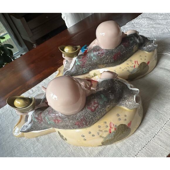 2 Laughing Buddha statues set of two resin hand painted pair decor figurines - Picture 10 of 16